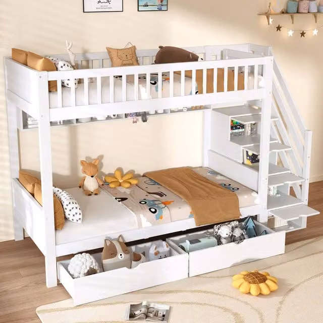Rolipo Solid Wood Two-Level Bunk Bed with Stairs and Storage Drawers, White, W/D/H: 90 x 190 x 220 cm