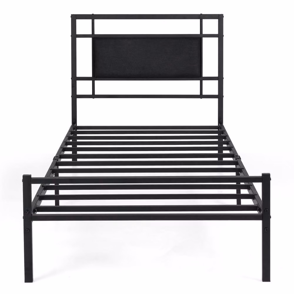 Gymax Single Bed Frame with Upholstered Headboard and Metal Slats, Black, 90 x 200 cm – 10
