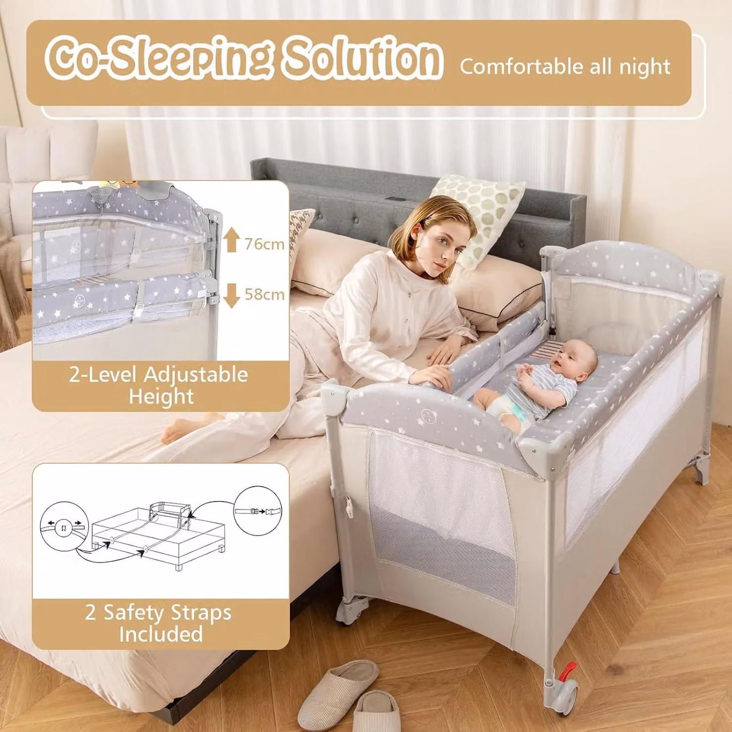 Gymax 5-in-1 Portable Bedside Crib, Folding Changing Table and Playpen with Wheels in Beige – 2
