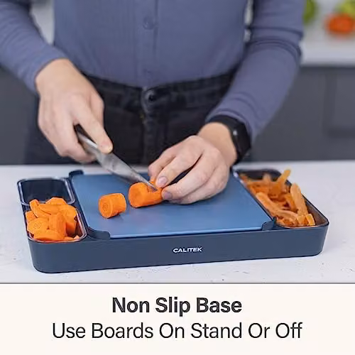 Calitek Chopping Board Set with Bamboo and BPA Free Plastic Boards and Storage Stand in Blue – 2