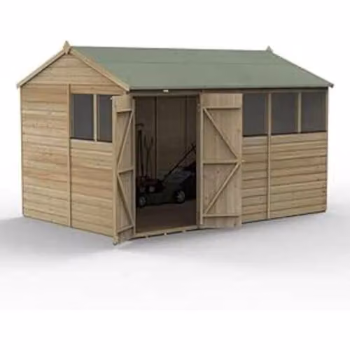 Forest Garden Brown Wooden Reverse Apex Shiplap Shed with 6 Windows and Double Doors W/D/H: 365.78 x 365.78 x 243.84 cm