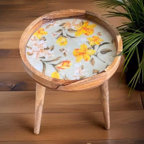 Hartsmede Mango Wood Round Coffee Side Table with V Bouquet Floral Resin Enamel Top, Multicolour, W/D/H: 38 x 38 x 46 cm – 1