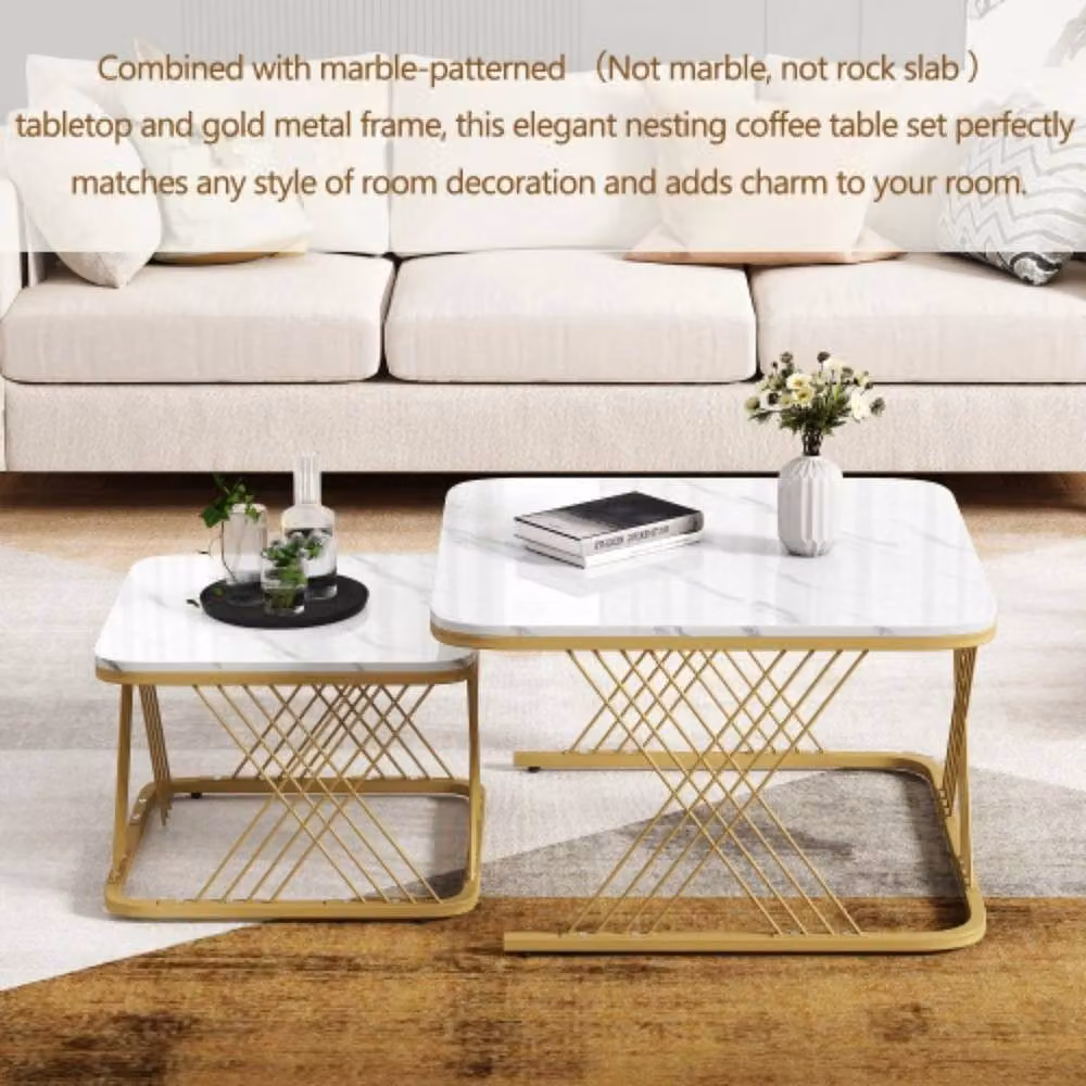 PAWNORA Square Nesting Coffee Table Set of 2 in White with Marble Tops and Metal Sled Base – 2