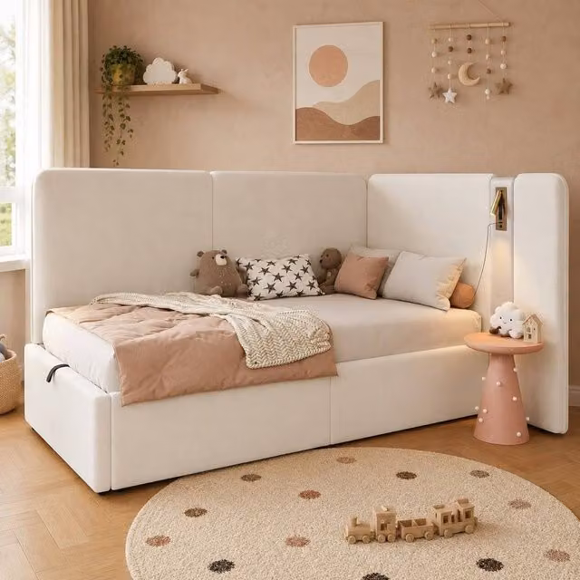 STILVORA Beige Velvet Upholstered Single Daybed with Lift-Up Storage, USB Charging Port and Integrated Reading Light, W/D/H: 90 x 190 x 136 cm