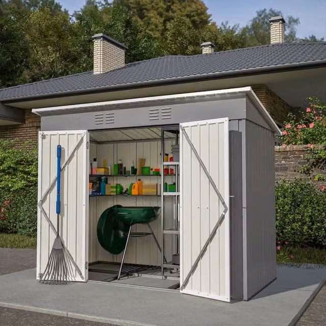 BIRCHTREE Metal Pent Garden Shed with Double Doors in Grey and White