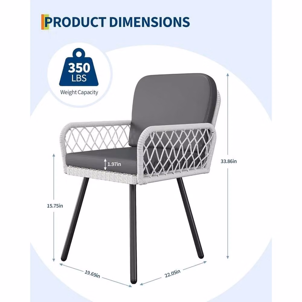 VOGREX Set of 2 Modern Grey Rattan Garden Dining Chairs with Metal Frame – 2