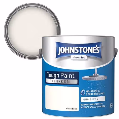 Johnstone's White Satin Gloss Bathroom Wall and Ceiling Paint, 2.5L – 1