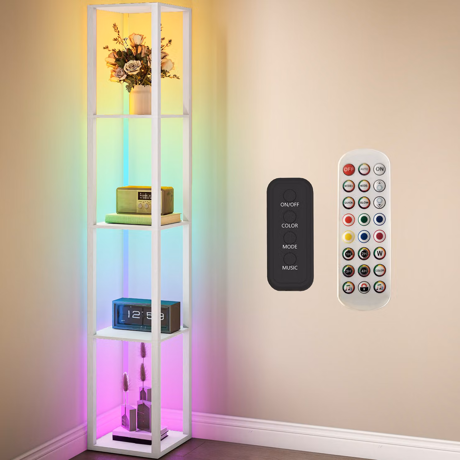 HOMCOM RGB LED Floor Lamp with Shelves, Modern Dimmable Standing Lamp with Remote Control, White – 3