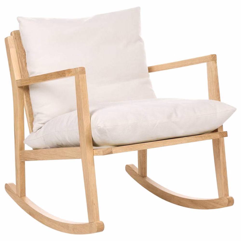 Wyld and Coco Rocking Armchair in Light Beige Fabric with Rubberwood Frame – 2