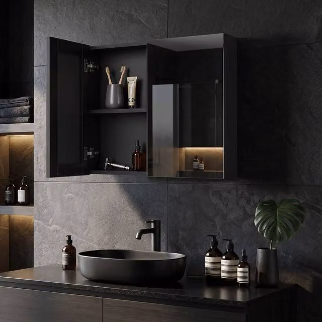 Wyld and Coco Black Plywood Handleless 2-Door Wall-Hung Mirror Cabinet, W: 60 cm, H: 60 cm – 1