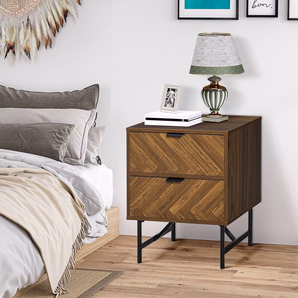 STILVORA Bedside Table with 2 Drawers in Brown Matt Wood and Metal – 3