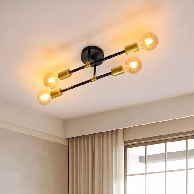 COMELY Industrial Sputnik E27 Semi-Flush Mount Ceiling Light in Black and Gold/Brass – 1