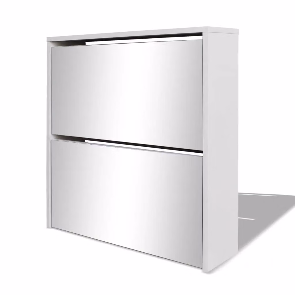 Berkfield Home Modern White Glossy 2-Layer Wall Mounted Shoe Cabinet with Mirror, W: 63 cm, D: 17 cm, H: 67 cm – 2