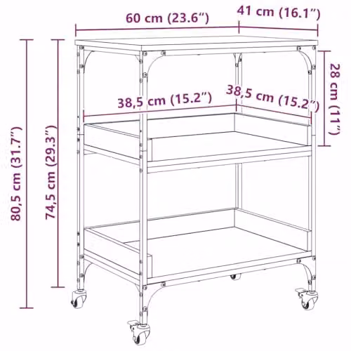 vidaXL Industrial Kitchen Trolley in Brown Oak, W: 60 cm, D: 41 cm, H: 80.5 cm – 3