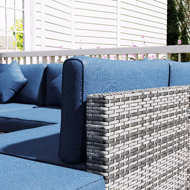 Outsunny 8 Piece PE Rattan L-Shape Corner Sofa Set with Cushions and Coffee Table, Dark Blue – 8