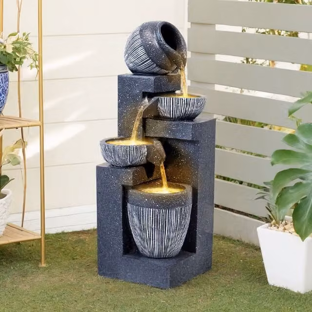 Lifeideas Grey Solar Cascading Bowls Outdoor Fountain, W/D/H: 51 x 51 x 19 cm