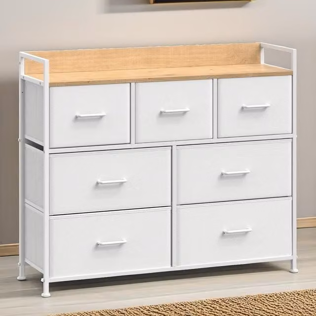 FURNOS Industrial Bedroom Chest with 7 Fabric Drawers in White