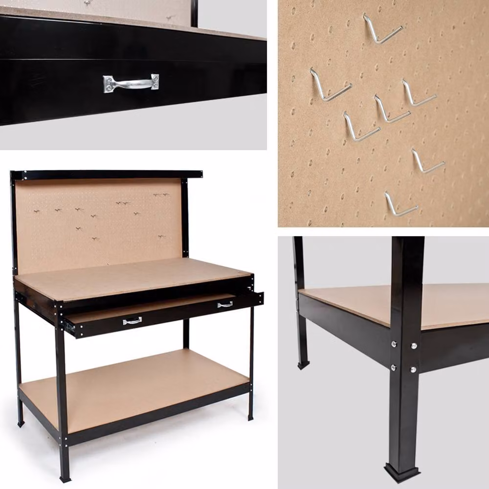 tectake Workbench with Pegboard, 2 Shelves, 1 Large Drawer and 12 Hooks in Black – 3