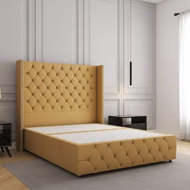 Regional Furnishings Plush Velvet Divan Bed with 54 inch Headboard and Footboard in Yellow, Size: Single, W/D/H: 90 x 200 cm