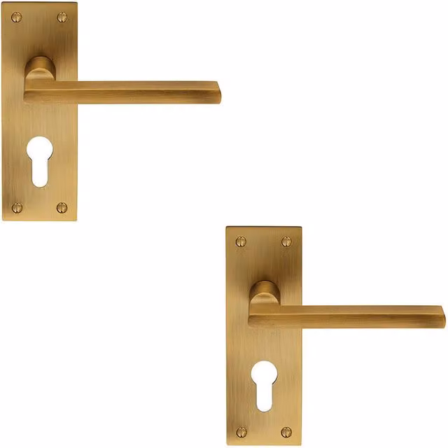 Loops 2x Pair Straight Bar Lever on Slim Euro Lock Backplate, Antique Brass, W: 150 mm x H: 50 mm