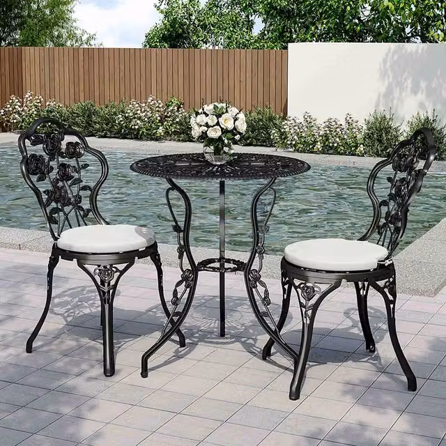 Livingandhome Black Floral Motif Powder Coated Aluminium Garden Table and Chair Set