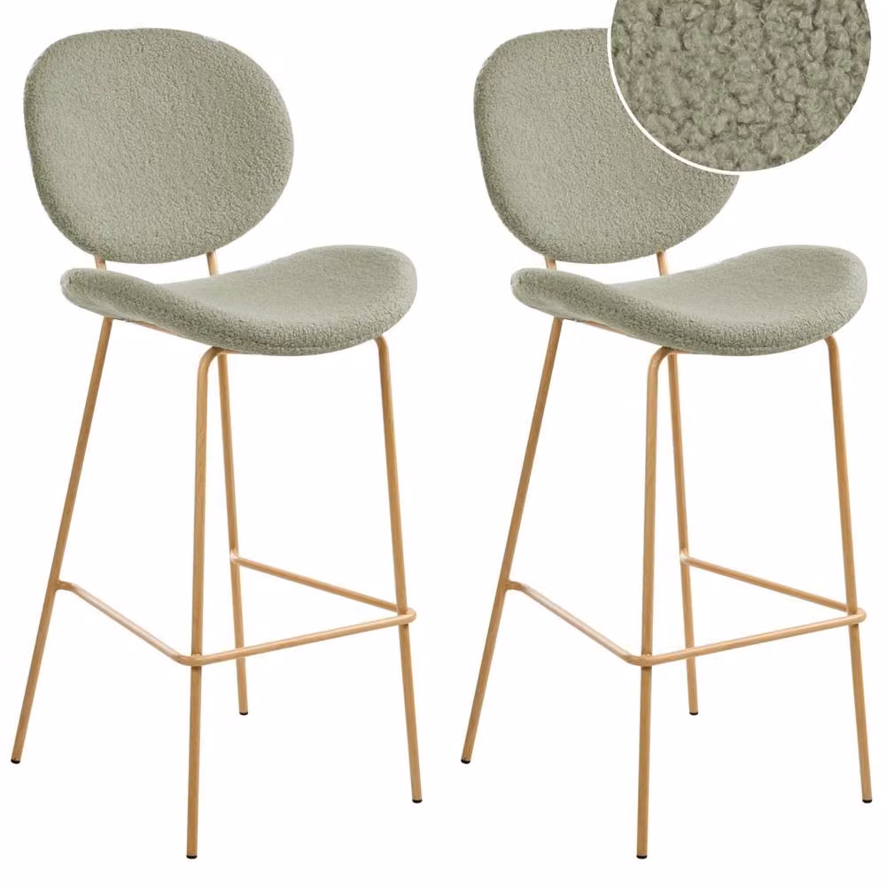 Wyld and Coco Set of 2 Modern Green Bouclé Bar Chairs with Matt Metal Legs – 2