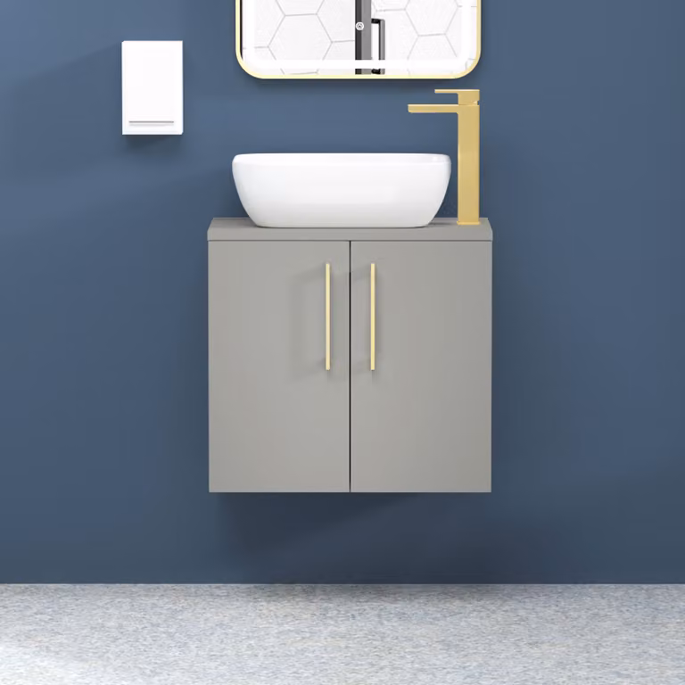 Royal Bathrooms Modena 800mm Wall Hung Vanity Unit in Satin Grey with Brushed Brass Handles and Countertop Basin