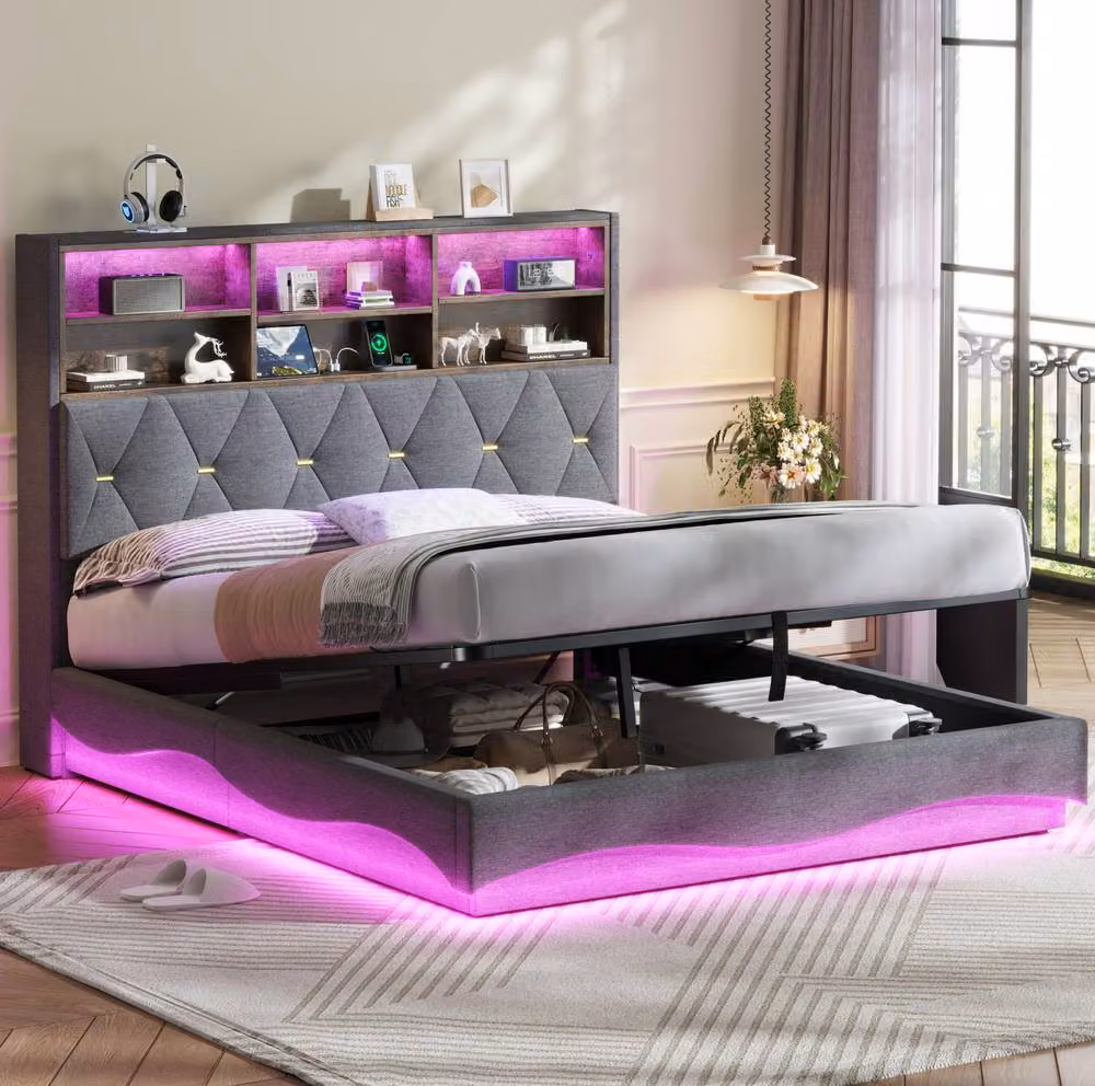 STILVORA King Size Upholstered Bed Frame in Grey with Hydraulic Storage, LED Lighting and USB Charging Port, W/D/H: 180 x 200 cm – 2