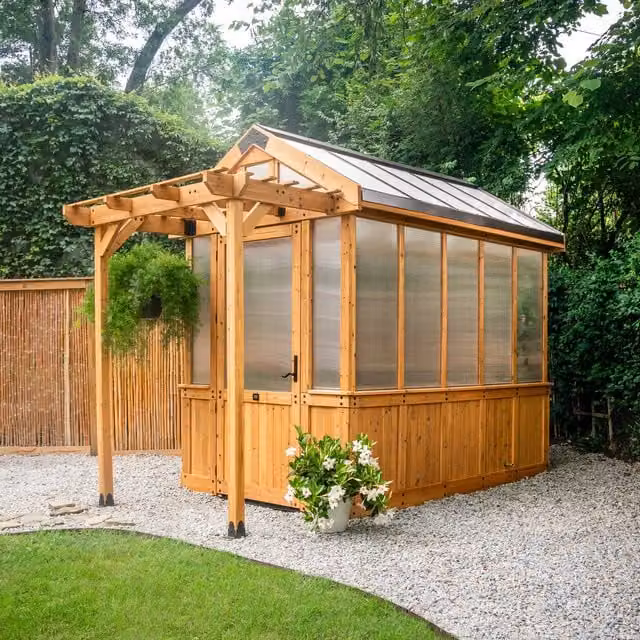 Backyard Discovery Bellerose Cedar Wood and Polycarbonate Gable Greenhouse in Brown