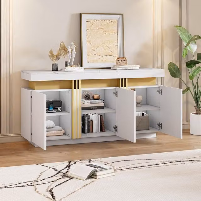 Aosom UK Modern Sideboard with Faux Marble Top and Adjustable Shelves, White and Gold, W/D/H: 140 x 38 x 70 cm – 1