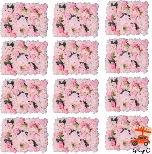 NESTLUNE 12-Piece Pink Artificial Floral Wall Panels, W: 60 cm, H: 40 cm