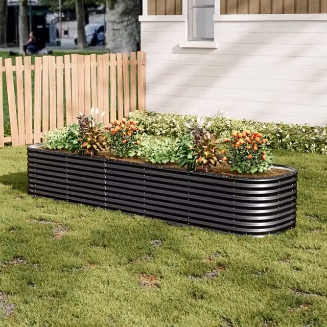 Lifeideas Anthracite Oval Metal Raised Flower Bed W: 320 cm, D: 80 cm, H: 56 cm