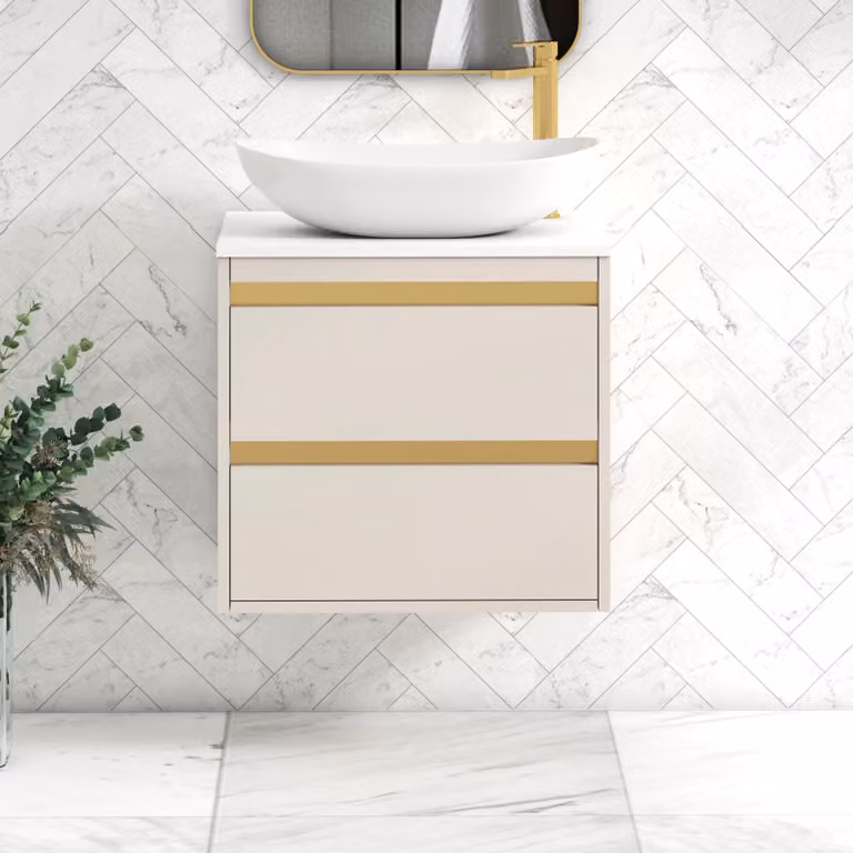 Royal Bathrooms Orion 600mm Wall Hung Vanity Unit in Warm Taupe with White Cesar Basin and Brushed Brass Accents