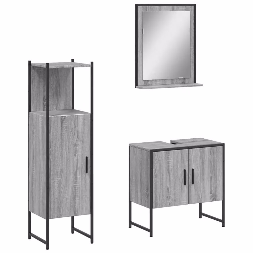 Berkfield Home 3 Piece Grey Bathroom Cabinet Set with Wall Mounted Tall Cabinet and Hinged Doors