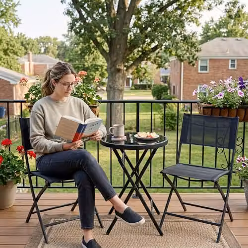 Outsunny 3 Piece Outdoor Bistro Set with Glass Top Round Table and 2 Folding Chairs in Black – 6
