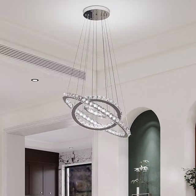 Komore Adjustable Multi-Ring Crystal LED Chandelier in Chrome and White with Cool White Light