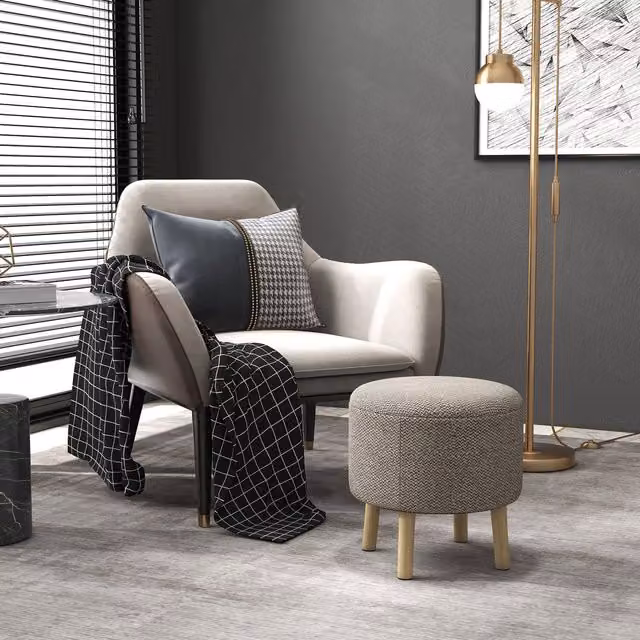 HOMCOM Round Storage Footstool with Padded Polyester Seat in Light Grey and Oak Wood