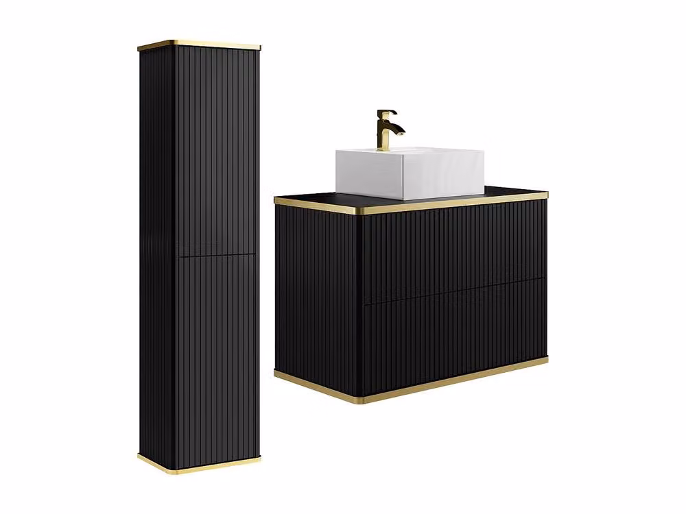 Vente-unique Suspended Ribbed Bathroom Vanity Unit with Square Countertop Basin in Matt Black and Gold – 2
