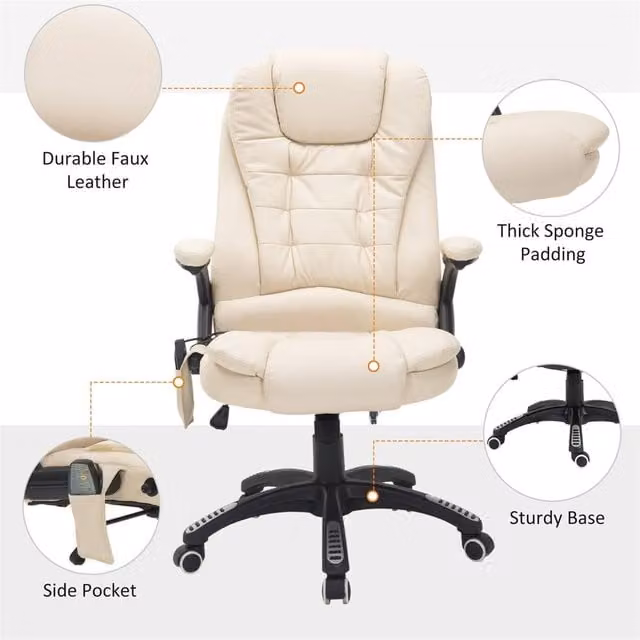 KORVIXA Beige Executive Office Chair with Massage and Heat Function, Synthetic Leather, 360 Degree Swivel