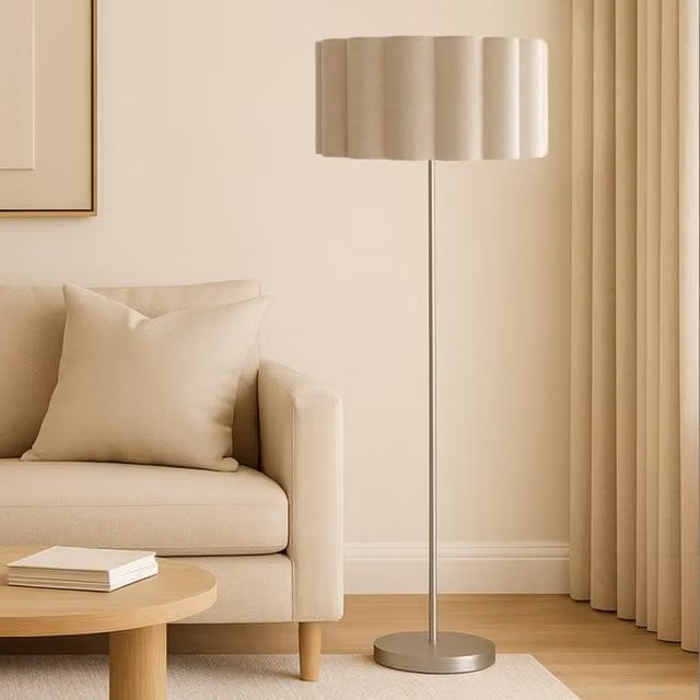 CGC Lena Brushed Nickel Straight Floor Lamp with Large Scalloped Fabric Lampshade, Silver, H 163 cm x W 48 cm