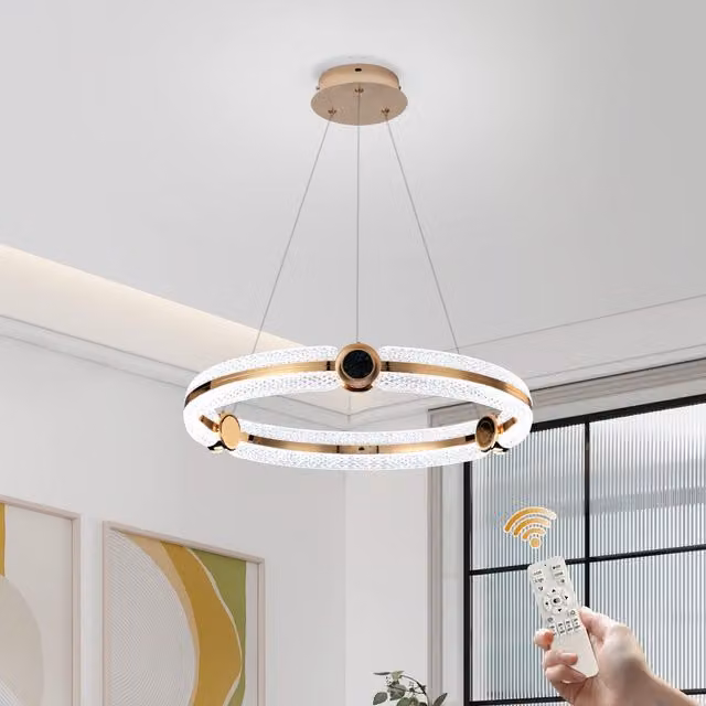 Garwarm Modern 1-Ring Circular LED Chandelier in Gold and Brass with Crystal Accents, Dimmable with Remote Control, 48W