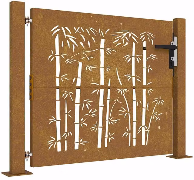 Berkfield Home Garden Gate in Brown Corten Steel with Bamboo Design, W/H: 105 x 105 cm