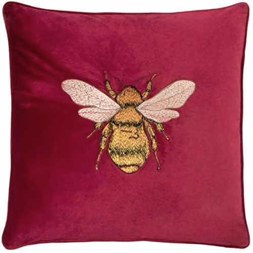Paoletti Hortus Embroidered Bee Soft Velvet Pipe Trimmed Cushion in Pink, W/D/H: 50 x 50 x 50 cm – 1