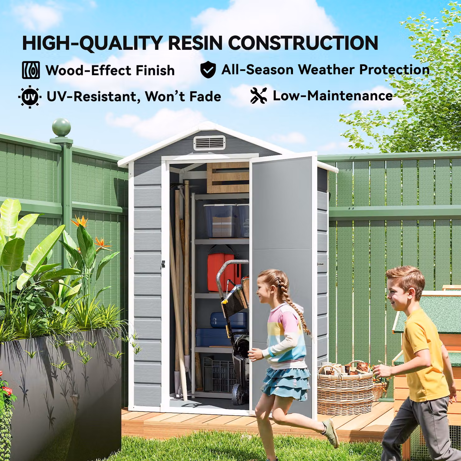 Outsunny Plastic Garden Storage Shed with Floor, Window and Vent, Light Grey, W/D/H: 121.92 x 94.0 x 196.0 cm – 5