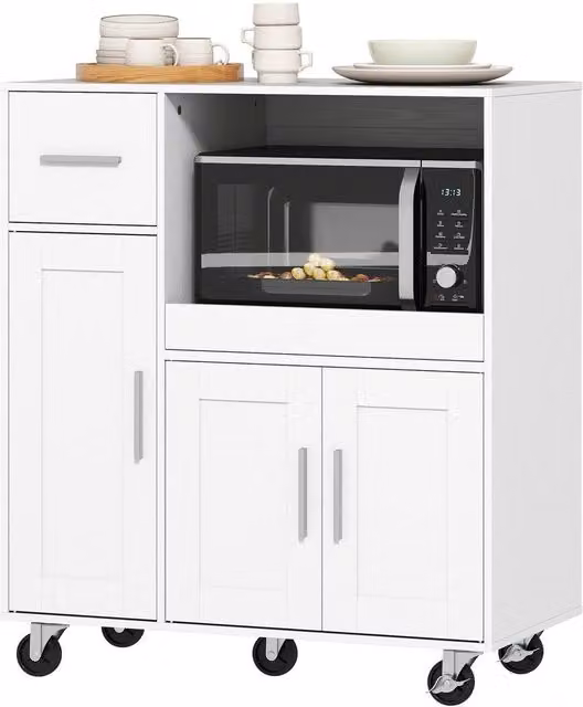FORGEVIO White Rolling Kitchen Cart with Microwave Cabinet, Sliding Tray and Drawer – 1