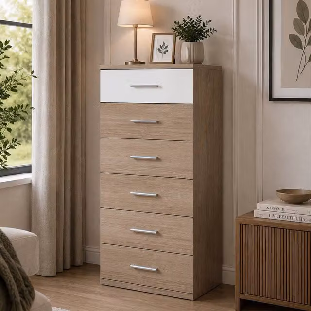 KDMD Modern Narrow Chest of Drawers in Oak and White, Brown – 1