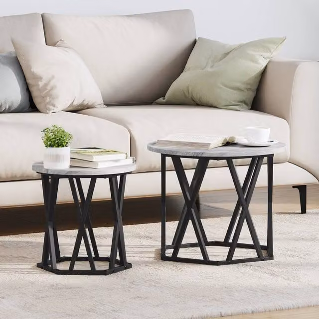 Berkfield Home Set of 2 Round Nesting Side Tables in Grey and Black with X-Frame Design – 1