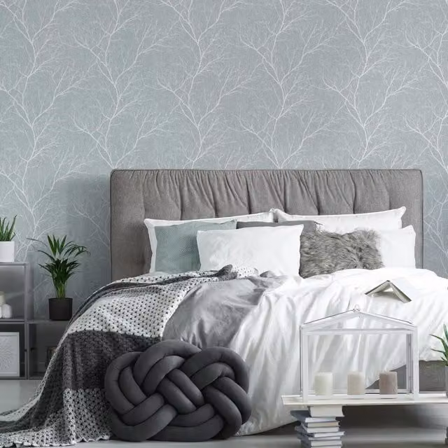Fresco Winter Tree Forest Silhouette Wallpaper in Duck Egg Blue