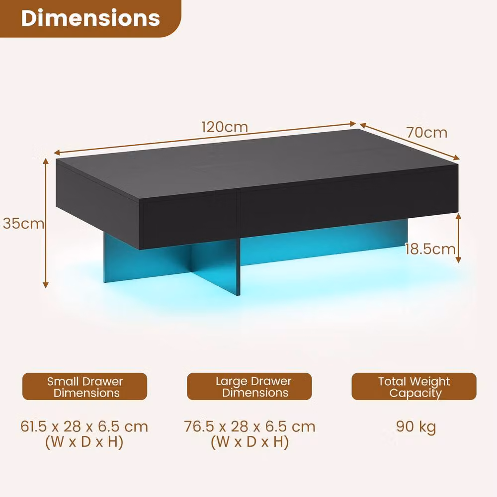Costway Modern LED Coffee Table with 3 Storage Drawers in Black High-Gloss Finish – 8