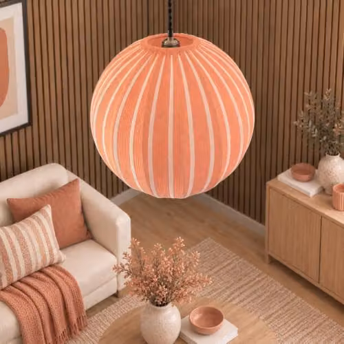 CGC Lighting Fleur Large 45cm Striped Round Globe Lantern Lampshade in Orange and Red Fabric – 4